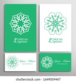 Geometric sign symbol, mandala round ornament, line pattern. Business card set. Isolated design elements for logo, icon, label, emblem. Tribal ethnic decoration, monochrome color background
