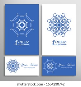 Geometric sign symbol, mandala round ornament, line pattern. Business card set. Isolated design elements for logo, icon, label, emblem. Tribal ethnic decoration, monochrome color background