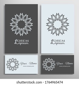 Geometric sign symbol, mandala round ornament, line pattern. Business card set. Isolated design elements for logo, icon, label, emblem. Tribal ethnic decoration, monochrome color background