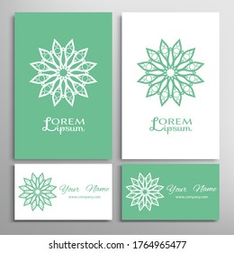 Geometric sign symbol, mandala round ornament, line pattern. Business card set. Isolated design elements for logo, icon, label, emblem. Tribal ethnic decoration, monochrome color background