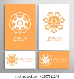 Geometric sign symbol, mandala round ornament, line pattern. Business card set. Isolated design elements for logo, icon, label, emblem. Tribal ethnic decoration, monochrome color background