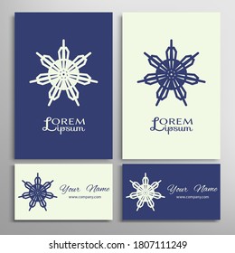 Geometric sign symbol, mandala round ornament, line pattern. Business card set. Isolated design elements for logo, icon, label, emblem. Tribal ethnic decoration, monochrome color background