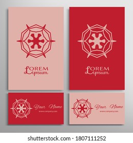Geometric sign symbol, mandala round ornament, line pattern. Business card set. Isolated design elements for logo, icon, label, emblem. Tribal ethnic decoration, monochrome color background