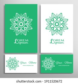Geometric sign symbol, mandala round ornament, line pattern. Business card set. Isolated design elements for logo, icon, label, emblem. Tribal ethnic decoration, monochrome color background