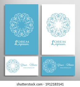 Geometric sign symbol, mandala round ornament, line pattern. Business card set. Isolated design elements for logo, icon, label, emblem. Tribal ethnic decoration, monochrome color background