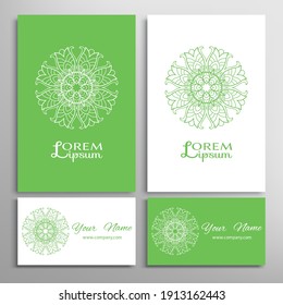 Geometric sign symbol, mandala round ornament, line pattern. Business card set. Isolated design elements for logo, icon, label, emblem. Tribal ethnic decoration, monochrome color background