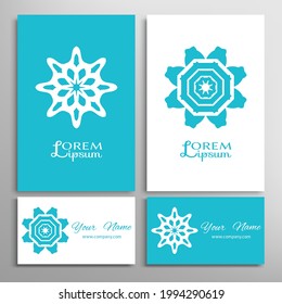 Geometric sign symbol, mandala round ornament, line pattern. Business card set. Isolated design elements for logo, icon, label, emblem. Tribal ethnic decoration, monochrome color background