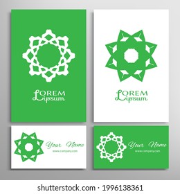 Geometric sign symbol, mandala round ornament, line pattern. Business card set. Isolated design elements for logo, icon, label, emblem. Tribal ethnic decoration, monochrome color background
