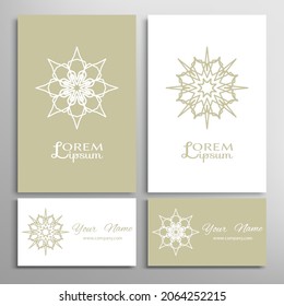 Geometric sign symbol, mandala round ornament, line pattern. Business card set. Isolated design elements for logo, icon, label, emblem. Tribal ethnic decoration, monochrome color background