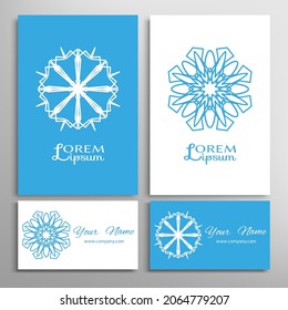Geometric sign symbol, mandala round ornament, line pattern. Business card set. Isolated design elements for logo, icon, label, emblem. Tribal ethnic decoration, monochrome color background