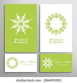 Geometric sign symbol, mandala round ornament, line pattern. Business card set. Isolated design elements for logo, icon, label, emblem. Tribal ethnic decoration, monochrome color background