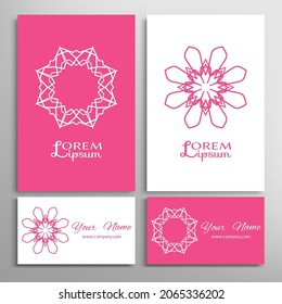 Geometric sign symbol, mandala round ornament, line pattern. Business card set. Isolated design elements for logo, icon, label, emblem. Tribal ethnic decoration, monochrome color background