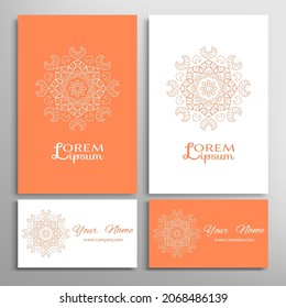 Geometric sign symbol, mandala round ornament, line pattern. Business card set. Isolated design elements for logo, icon, label, emblem. Tribal ethnic decoration, monochrome color background