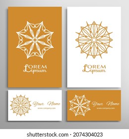 Geometric sign symbol, mandala round ornament, line pattern. Business card set. Isolated design elements for logo, icon, label, emblem. Tribal ethnic decoration, monochrome color background