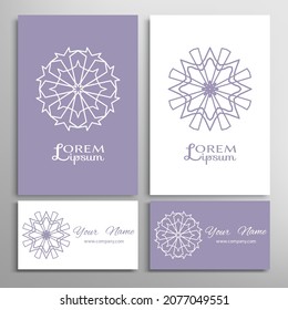 Geometric sign symbol, mandala round ornament, line pattern. Business card set. Isolated design elements for logo, icon, label, emblem. Tribal ethnic decoration, monochrome color background
