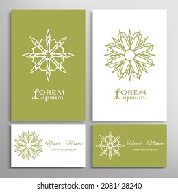 Geometric sign symbol, mandala round ornament, line pattern. Business card set. Isolated design elements for logo, icon, label, emblem. Tribal ethnic decoration, monochrome color background