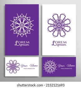 Geometric sign symbol, mandala round ornament, line pattern. Business card set. Isolated design elements for logo, icon, label, emblem. Tribal ethnic decoration, monochrome color background