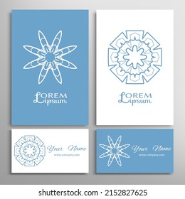 Geometric sign symbol, mandala round ornament, line pattern. Business card set. Isolated design elements for logo, icon, label, emblem. Tribal ethnic decoration, monochrome color background