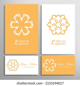 Geometric sign symbol, mandala round ornament, line pattern. Business card set. Isolated design elements for logo, icon, label, emblem. Tribal ethnic decoration, monochrome color background