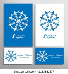 Geometric sign symbol, mandala round ornament, line pattern. Business card set. Isolated design elements for logo, icon, label, emblem. Tribal ethnic decoration, monochrome color background