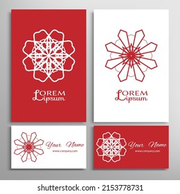 Geometric sign symbol, mandala round ornament, line pattern. Business card set. Isolated design elements for logo, icon, label, emblem. Tribal ethnic decoration, monochrome color background