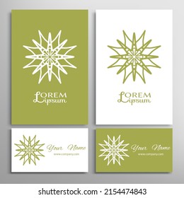 Geometric sign symbol, mandala round ornament, line pattern. Business card set. Isolated design elements for logo, icon, label, emblem. Tribal ethnic decoration, monochrome color background
