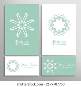 Geometric sign symbol, mandala round ornament, line pattern. Business card set. Isolated design elements for logo, icon, label, emblem. Tribal ethnic decoration, monochrome color background