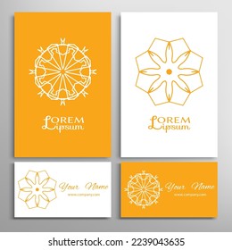 Geometric sign symbol, mandala round ornament, line pattern. Business card set. Isolated design elements for logo, icon, label, emblem. Tribal ethnic decoration, monochrome color background