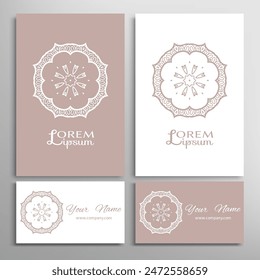 Geometric sign symbol, mandala round ornament, line pattern. Business card set. Isolated design elements for logo, icon, label, emblem. Tribal ethnic decoration, monochrome color background