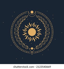 Geometric signs along with the sun, moon and ribbon. Golden vector emblem of astrology, space and nature. Sun rays, a crescent moon and surrounded by foliage.