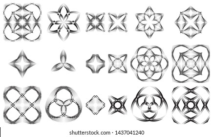 Geometric signs, symbols, patterns, shapes, ornaments. Abstract trendy futuristic black and white backgrounds. Vector modern design elements, textures.