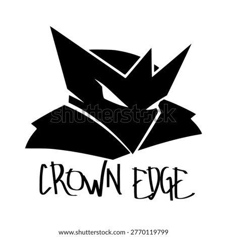 Geometric silhouette of a crowned character with text "crown edge" black and white silhouette