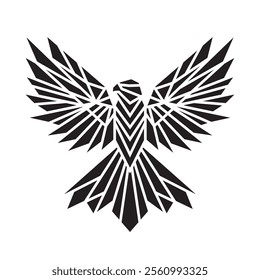 Geometric silhouette of a falcon with outstretched wings, black abstract on white background, vector graphics.