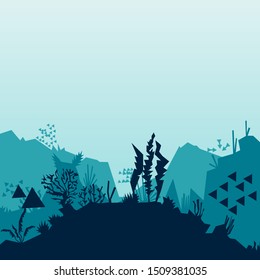 Geometric silhouette of fish and algae on a reef background. Abstract underwater ocean scene. Deep blue water, coral reef and underwater plants. beautiful underwater scene; Ocean concept made of line