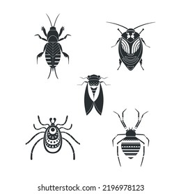 Montaje de ilustraciones vectoriales planas de insectos de silueta geométrica. Cicada, araña, cricket mole, garrapata, cucaracha. Iconos con varios insectos