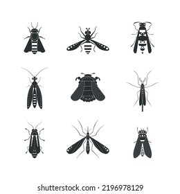 Geometric silhouette insect flat vector illustrations set. Wasp, dragonfly, bee, mosquito, fly, lacewings, firefly, bumblebee. Icons with several insects