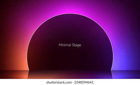 Geometric silhouette surrounded by mysterious neon light. Black hole with ambiance light effect. 3d render illustration of dark black square and circle against a radiant vibrant gradient backdrop. 