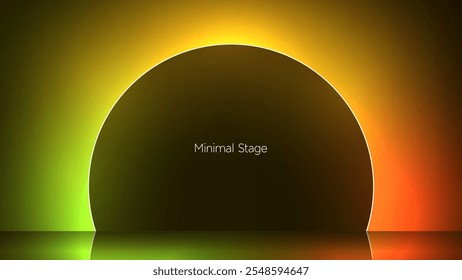 Geometric silhouette surrounded by mysterious neon light. Black hole with ambiance light effect. 3d render illustration of dark black square and circle against a radiant vibrant gradient backdrop. 