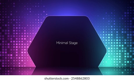 Geometric silhouette surrounded by mysterious neon light. Black hole with ambiance light effect. 3d render illustration of dark black square and circle against a radiant vibrant gradient backdrop. 