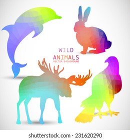 Geometric silhouettes of animals, moose, falcon, dolphin, rabbit