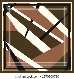 Geometric silk scarf with striped pattern on brown background