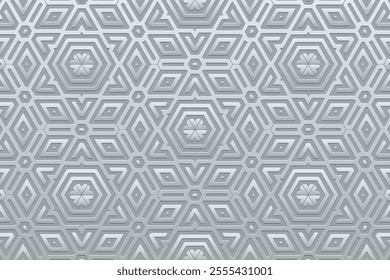 Geometric silver background, tribal cover design, banner. Festive silver 3D pattern, embossing. Textured small ornaments, arabesques, mandala of the East, Asia, India, Mexico, Aztec. Ethnic print.