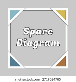Un panel plateado geométrico con pestañas de esquina de color biselado y diagrama de repuesto de título en relieve.