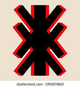 Geometric simbol monochrome. National element, ancient magic red and black symbol. Vector ornament isolated on pink background.