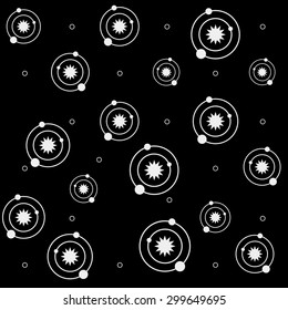 Geometric simple black and white minimal pattern, space, sun, solar system with orbits