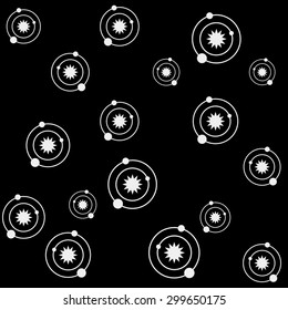Geometric simple black and white minimal pattern, space, sun, solar system with orbits