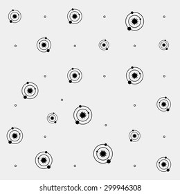 Geometric simple black and white minimal pattern, space, sun, solar system with orbits