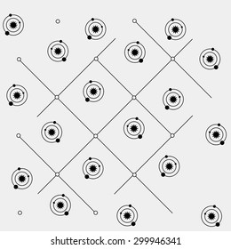 Geometric simple black and white minimal pattern, space, sun, solar system with orbits