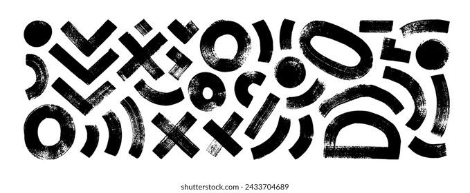 Colección de formas geométricas dibujadas con pincel simple con textura seca. Varias figuras dibujadas a mano, líneas en negrita y formas. Ilustración de tinta vectorial. Círculos, líneas curvas, cruces y puntos.