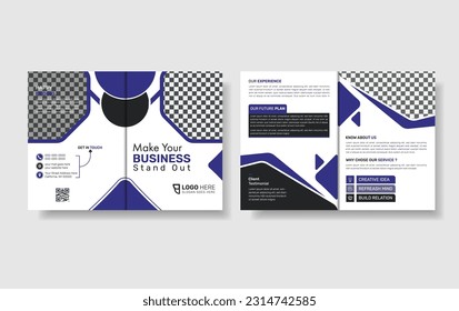 Geometric simple creative bi fold brochure design template with purple color. 